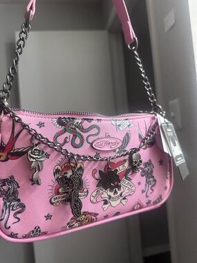 Ed Hardy Pink Tattoo-Print Chain Charm Mini Shoulder Bag